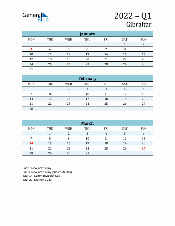 Three-Month Planner for Q1 2022 with Holidays - Gibraltar