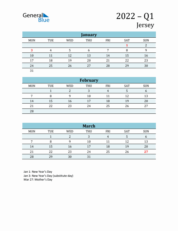 Three-Month Planner for Q1 2022 with Holidays - Jersey