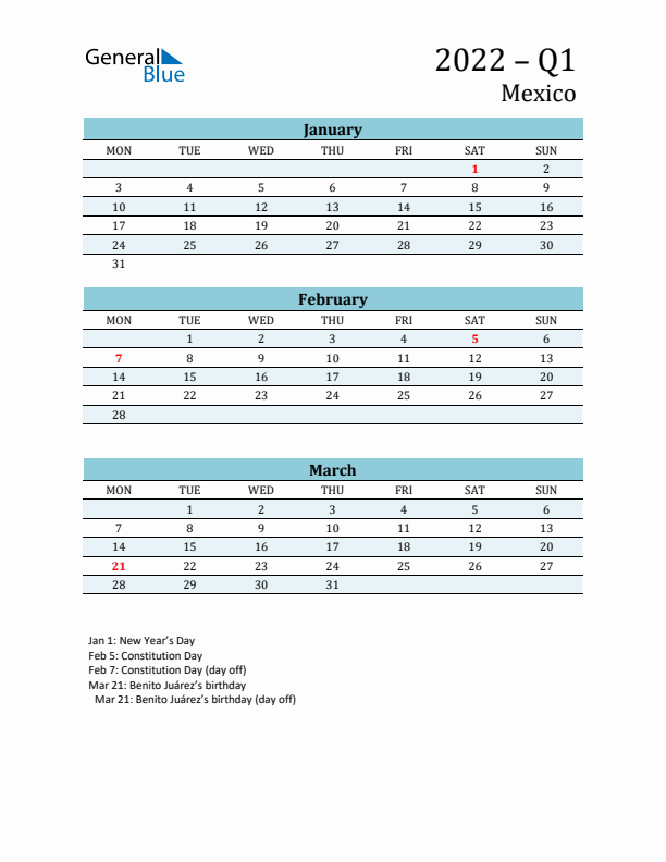 Three-Month Planner for Q1 2022 with Holidays - Mexico