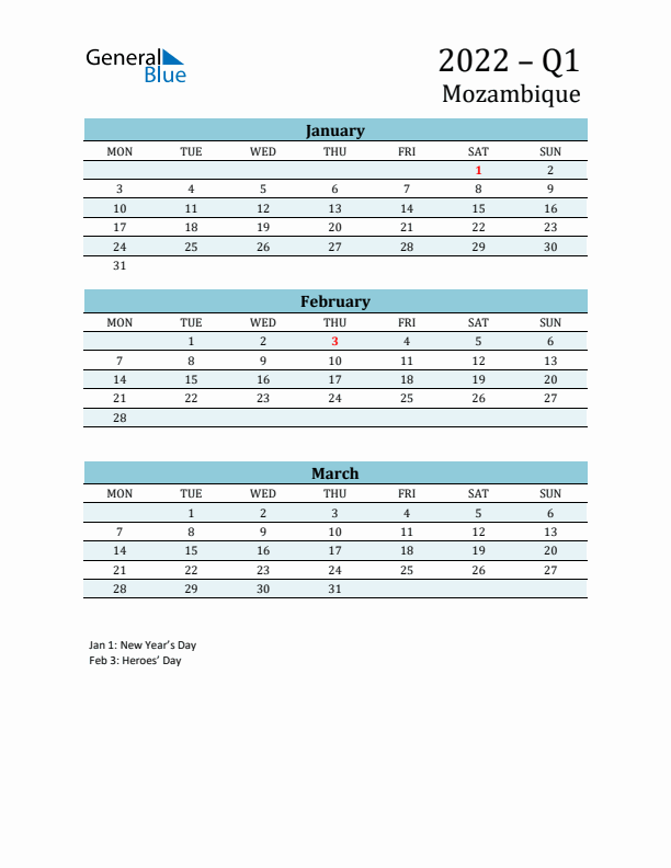 Three-Month Planner for Q1 2022 with Holidays - Mozambique