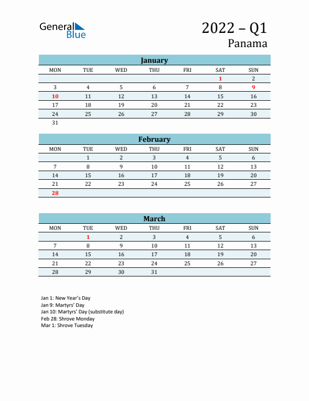 Three-Month Planner for Q1 2022 with Holidays - Panama