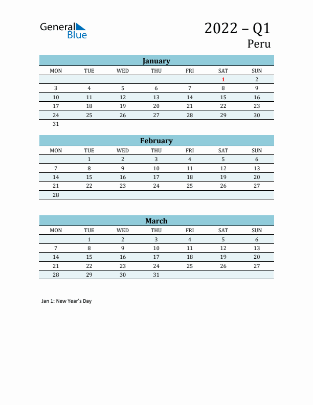 Three-Month Planner for Q1 2022 with Holidays - Peru