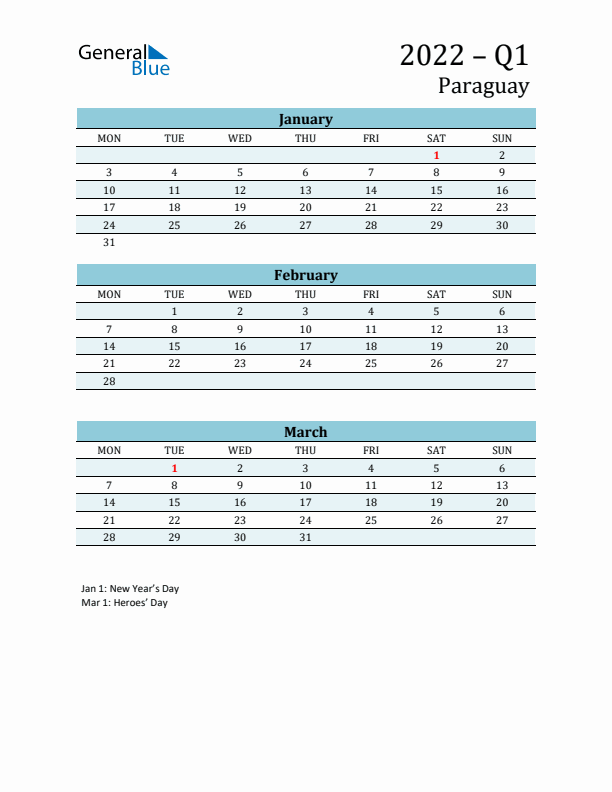 Three-Month Planner for Q1 2022 with Holidays - Paraguay