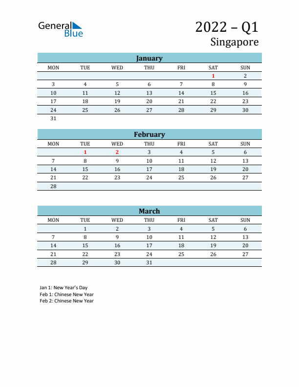 Three-Month Planner for Q1 2022 with Holidays - Singapore
