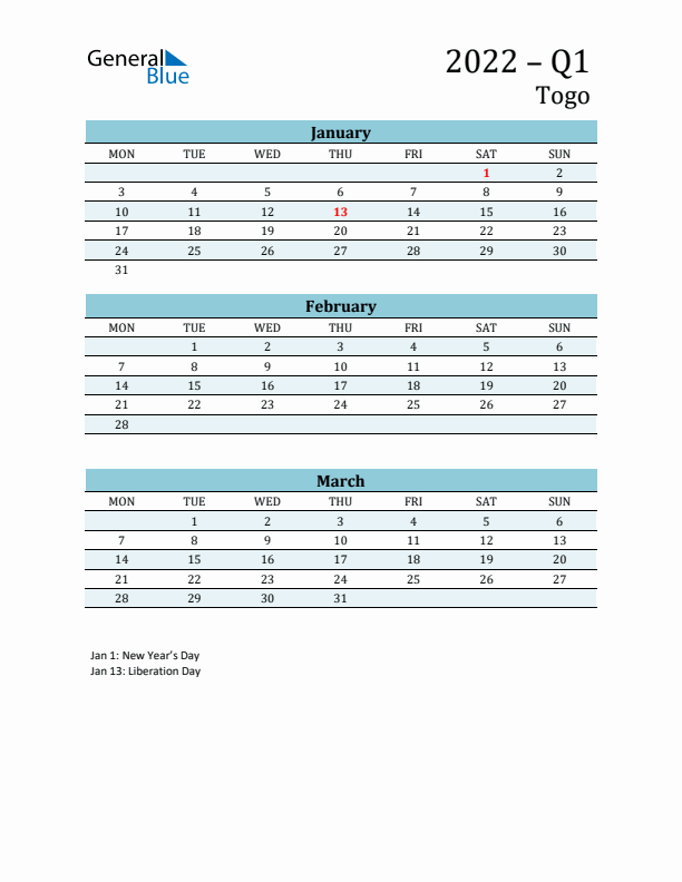 Three-Month Planner for Q1 2022 with Holidays - Togo