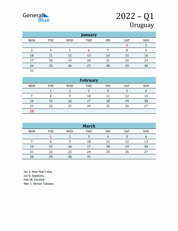 Three-Month Planner for Q1 2022 with Holidays - Uruguay
