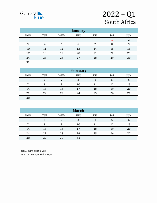Three-Month Planner for Q1 2022 with Holidays - South Africa