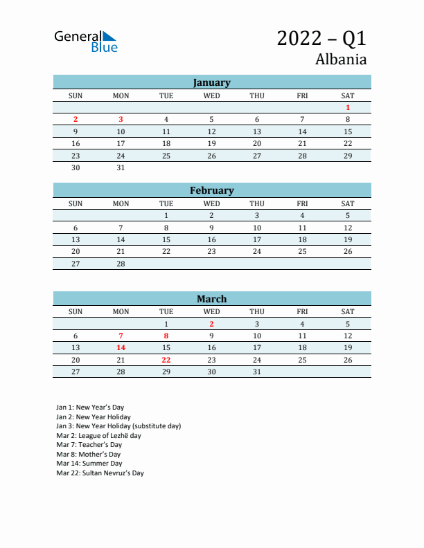 Three-Month Planner for Q1 2022 with Holidays - Albania