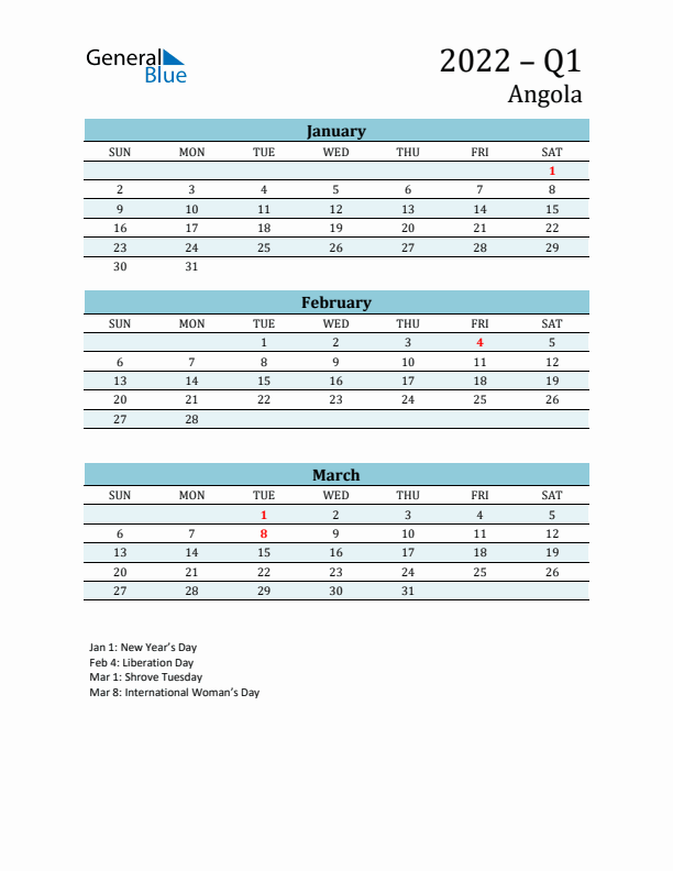 Three-Month Planner for Q1 2022 with Holidays - Angola