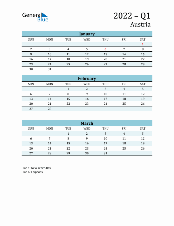 Three-Month Planner for Q1 2022 with Holidays - Austria