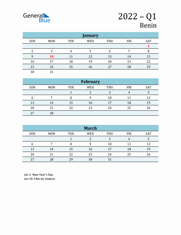 Three-Month Planner for Q1 2022 with Holidays - Benin