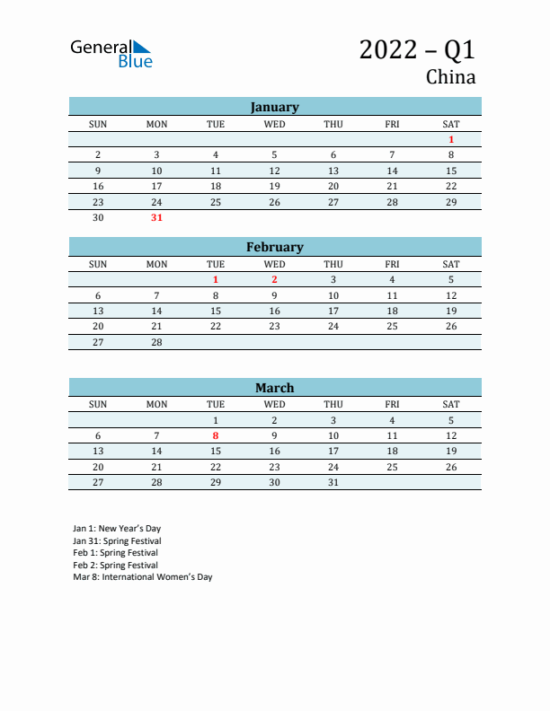 Three-Month Planner for Q1 2022 with Holidays - China