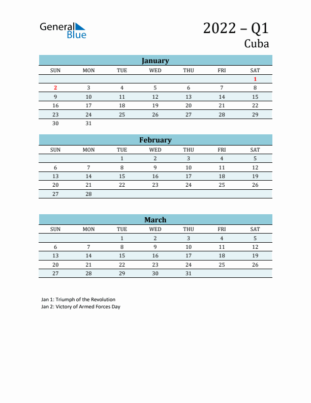 Three-Month Planner for Q1 2022 with Holidays - Cuba