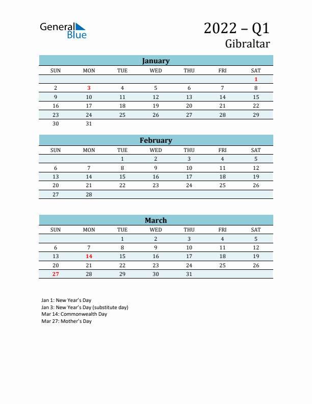 Three-Month Planner for Q1 2022 with Holidays - Gibraltar