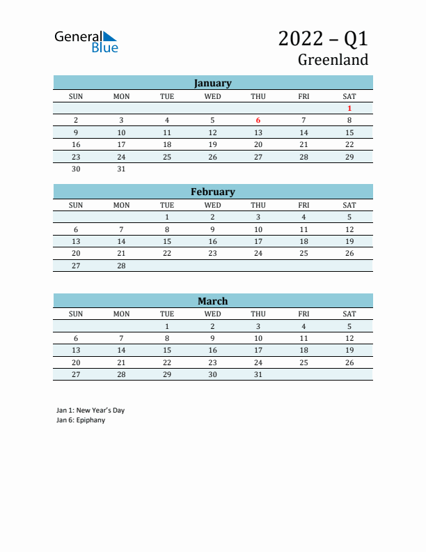Three-Month Planner for Q1 2022 with Holidays - Greenland