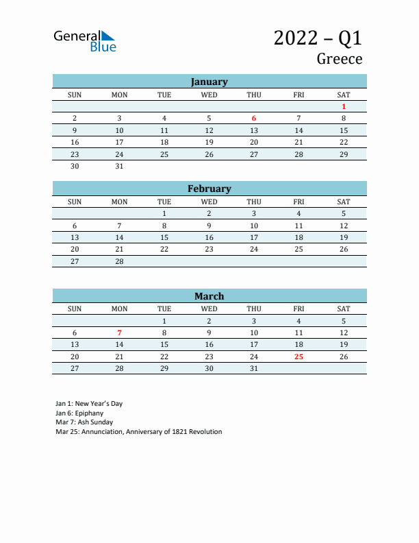 Three-Month Planner for Q1 2022 with Holidays - Greece