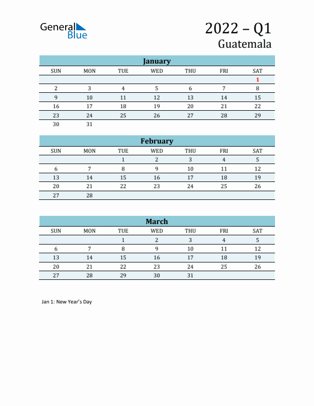 Three-Month Planner for Q1 2022 with Holidays - Guatemala