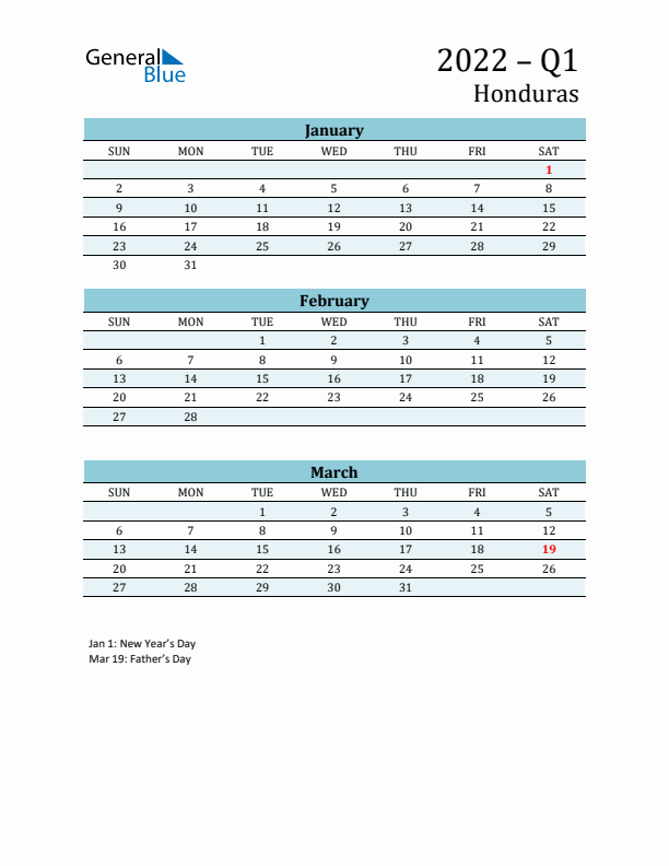Three-Month Planner for Q1 2022 with Holidays - Honduras