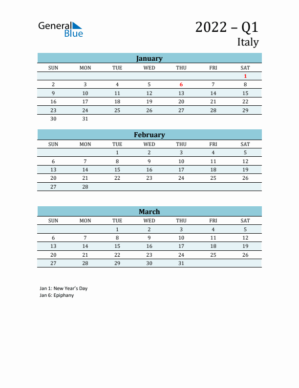 Three-Month Planner for Q1 2022 with Holidays - Italy