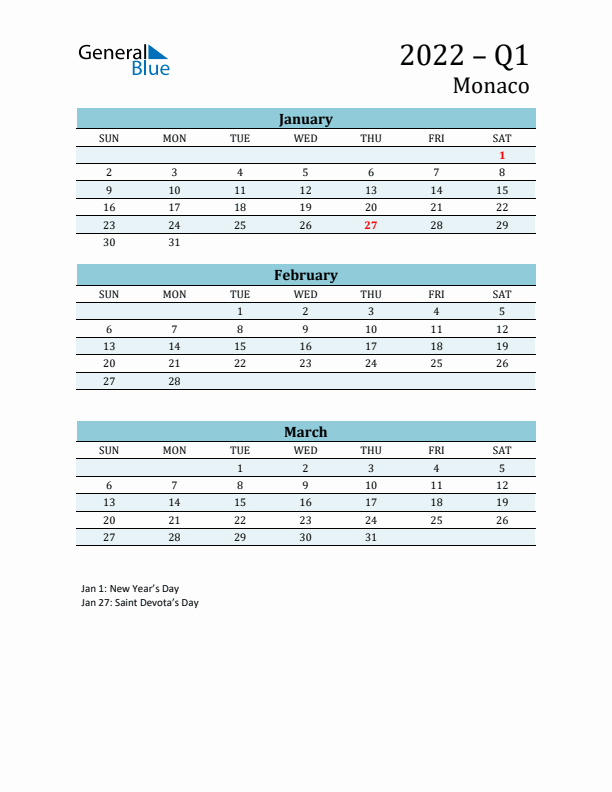 Three-Month Planner for Q1 2022 with Holidays - Monaco