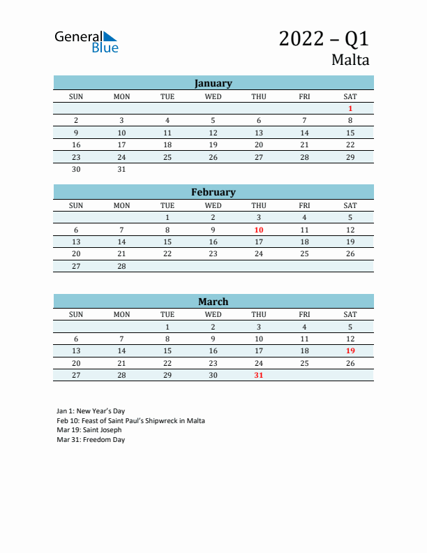 Three-Month Planner for Q1 2022 with Holidays - Malta
