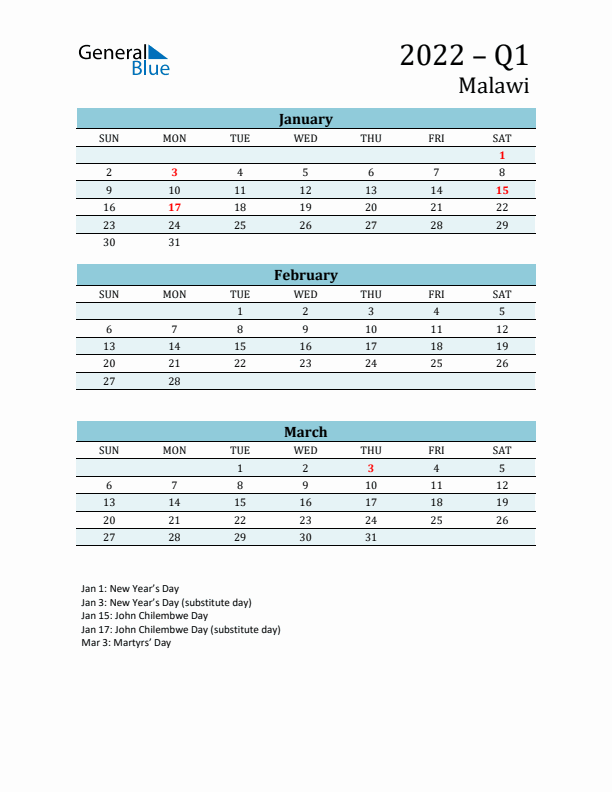 Three-Month Planner for Q1 2022 with Holidays - Malawi