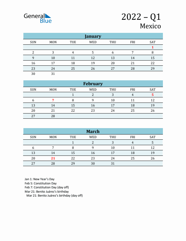 Three-Month Planner for Q1 2022 with Holidays - Mexico