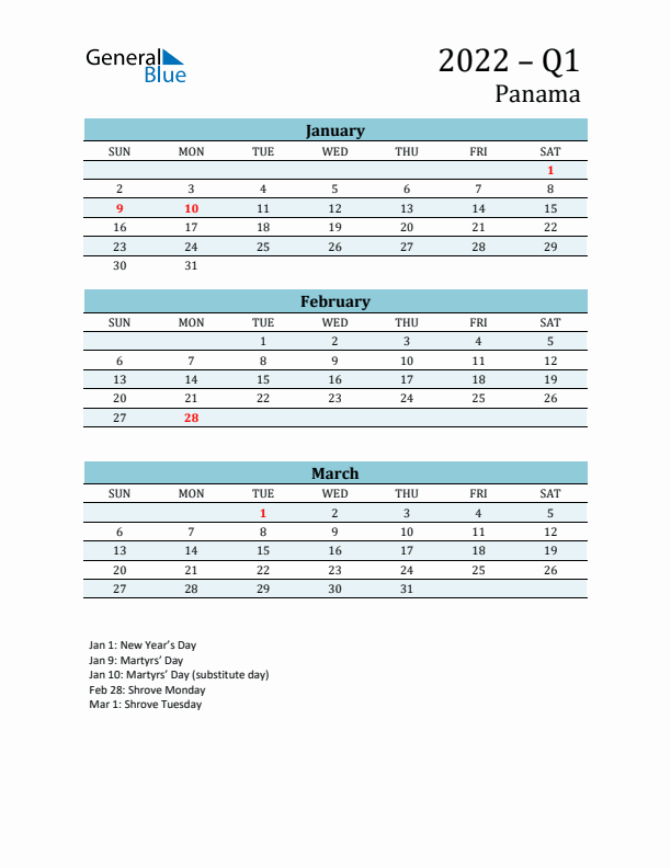 Three-Month Planner for Q1 2022 with Holidays - Panama