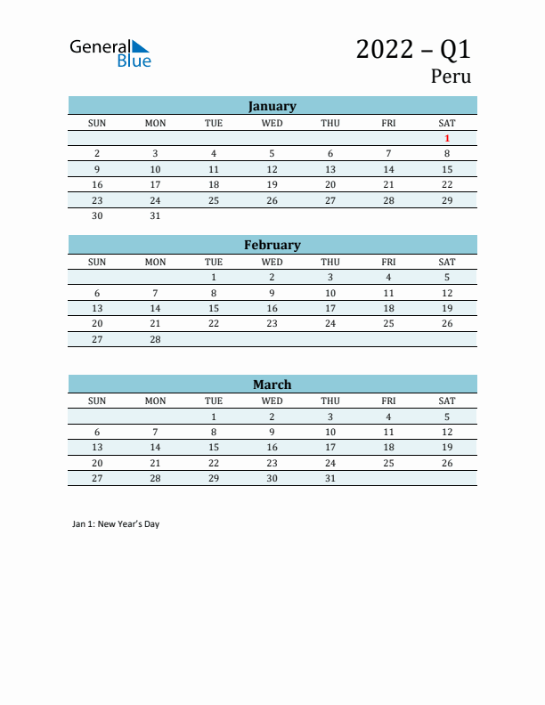 Three-Month Planner for Q1 2022 with Holidays - Peru