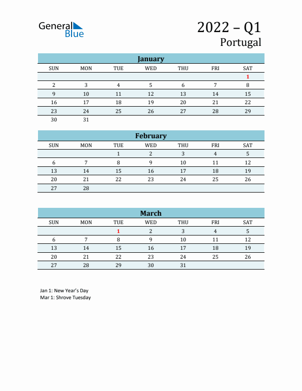 Three-Month Planner for Q1 2022 with Holidays - Portugal