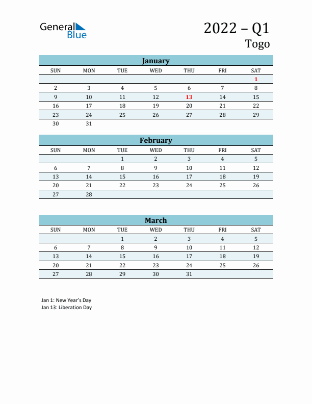 Three-Month Planner for Q1 2022 with Holidays - Togo