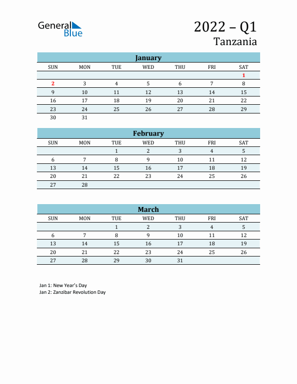 Three-Month Planner for Q1 2022 with Holidays - Tanzania
