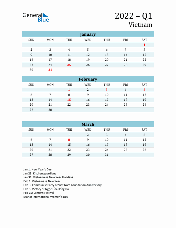 Three-Month Planner for Q1 2022 with Holidays - Vietnam
