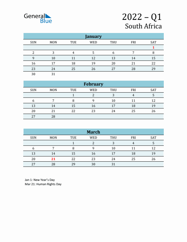 Three-Month Planner for Q1 2022 with Holidays - South Africa