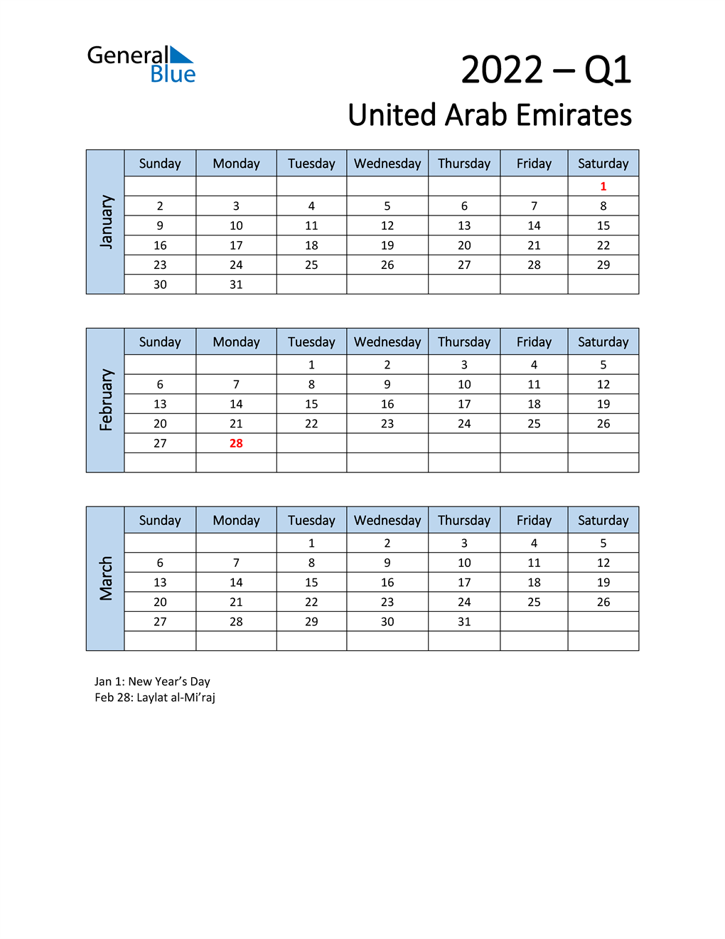  Free Q1 2022 Calendar for United Arab Emirates