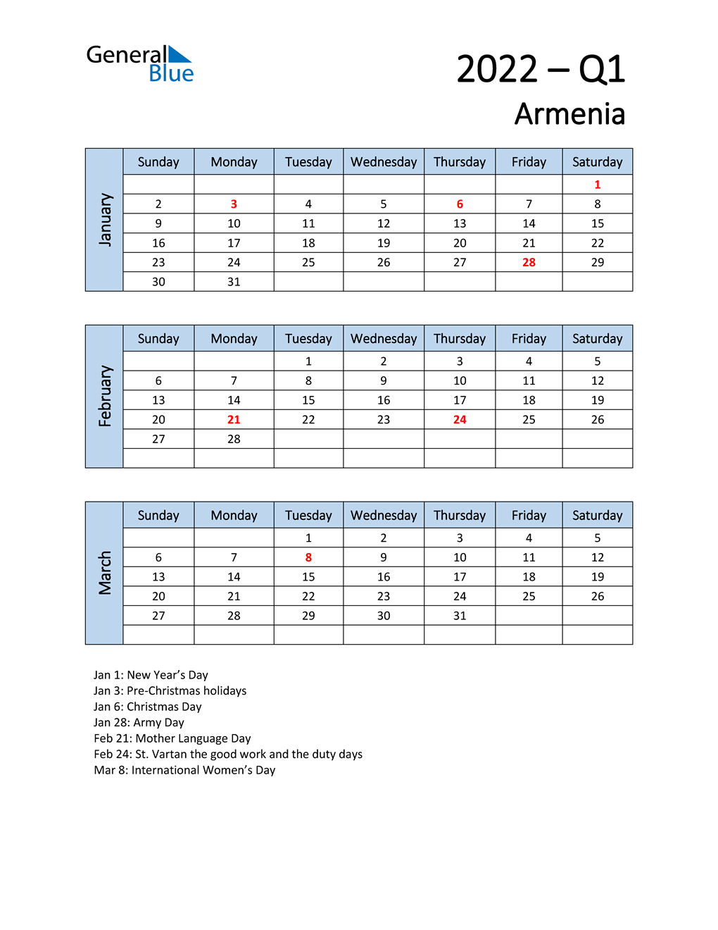  Free Q1 2022 Calendar for Armenia