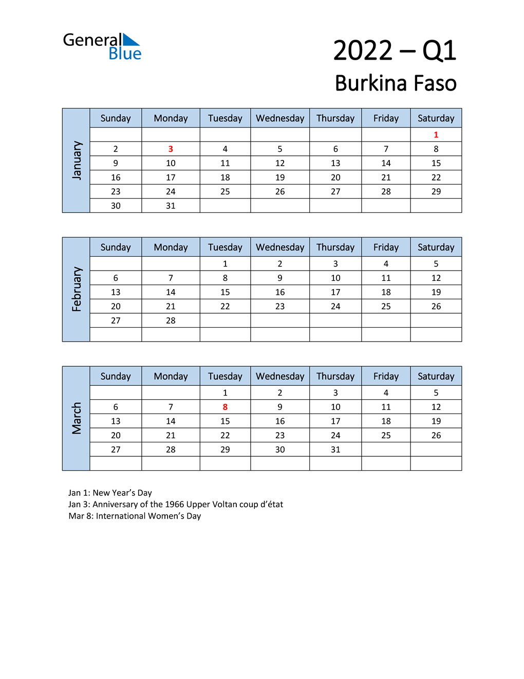  Free Q1 2022 Calendar for Burkina Faso