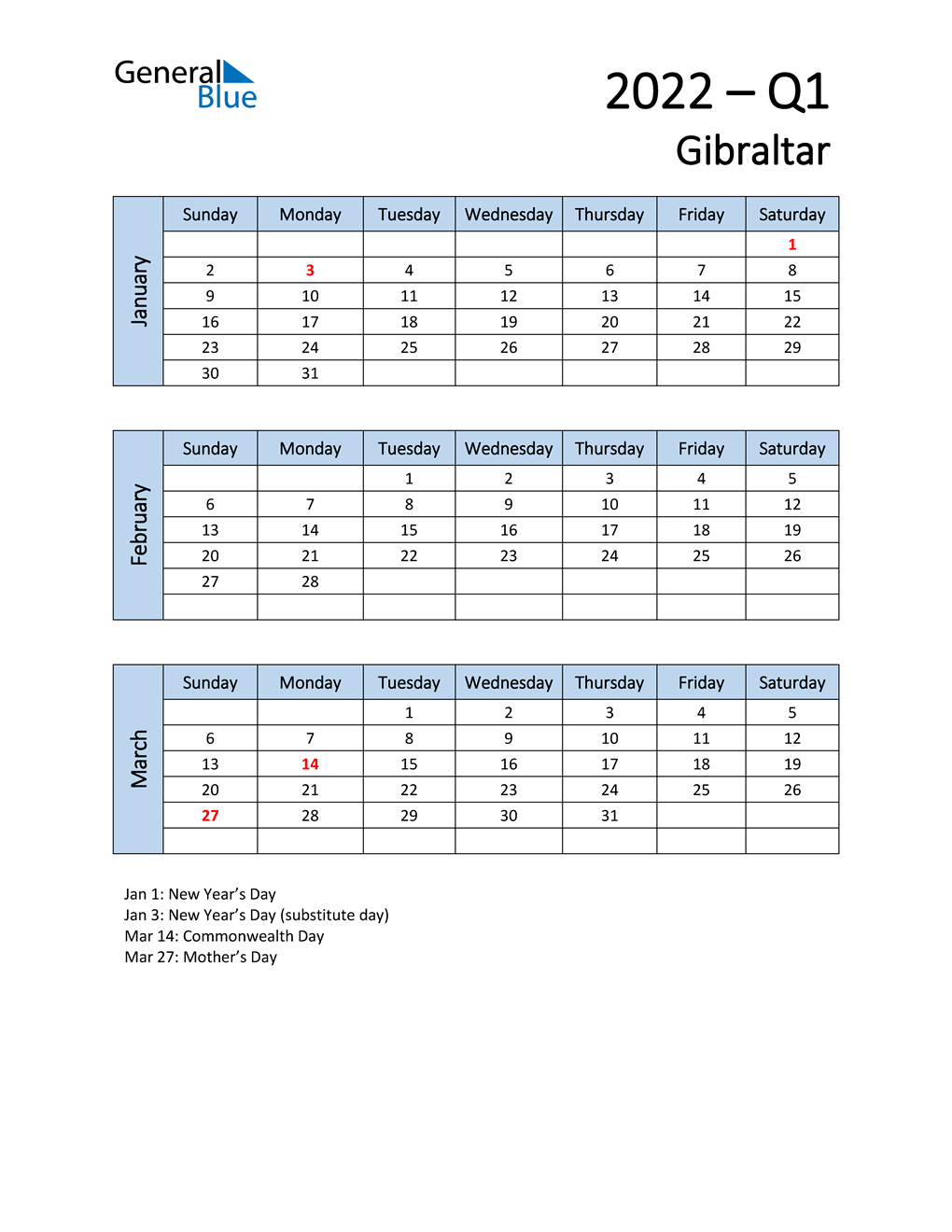  Free Q1 2022 Calendar for Gibraltar