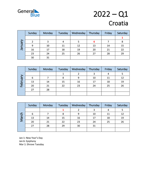 Free Q1 2022 Calendar for Croatia