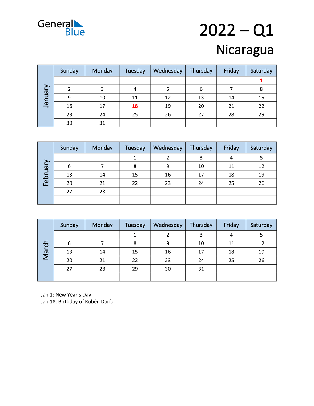  Free Q1 2022 Calendar for Nicaragua