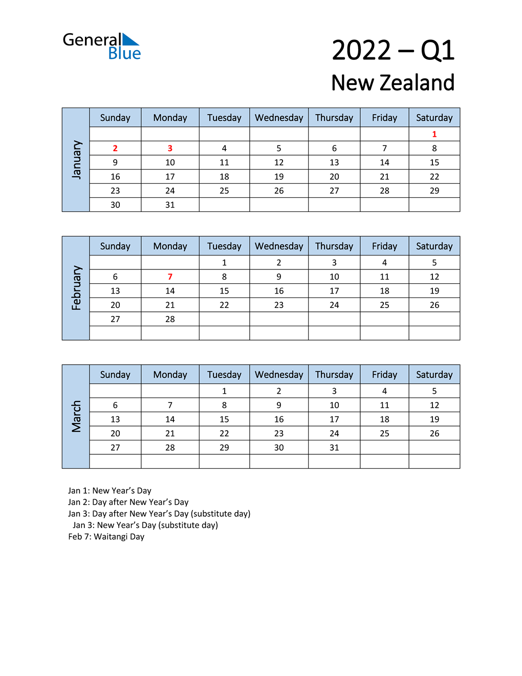  Free Q1 2022 Calendar for New Zealand