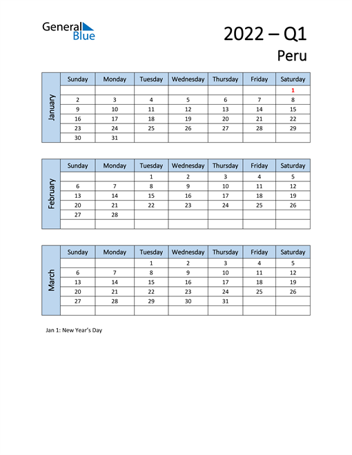  Free Q1 2022 Calendar for Peru