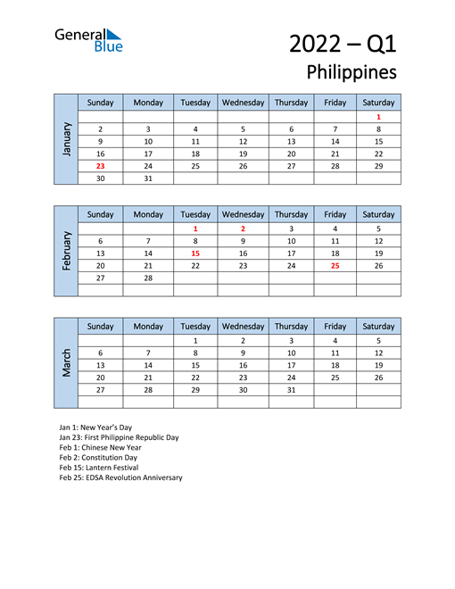  Free Q1 2022 Calendar for Philippines