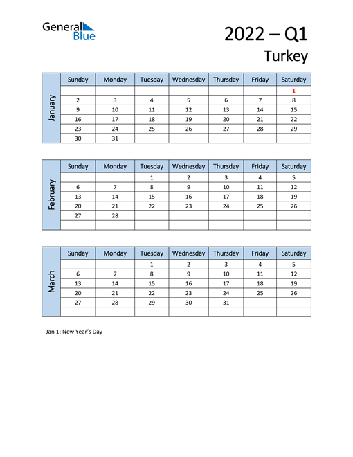 Free Q1 2022 Calendar for Turkey