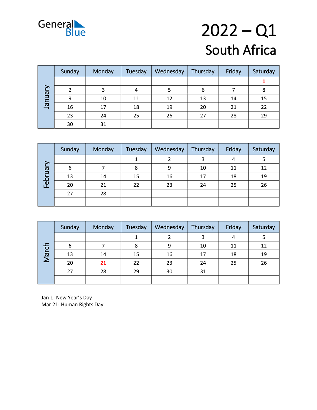 Q1 2022 Quarterly Calendar With South Africa Holidays 6532