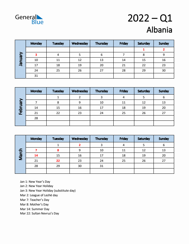 Free Q1 2022 Calendar for Albania - Monday Start