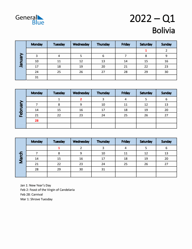 Free Q1 2022 Calendar for Bolivia - Monday Start
