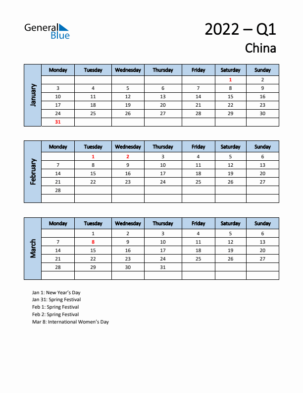 Free Q1 2022 Calendar for China - Monday Start