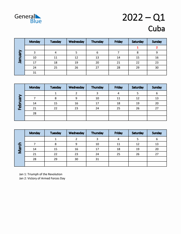 Free Q1 2022 Calendar for Cuba - Monday Start