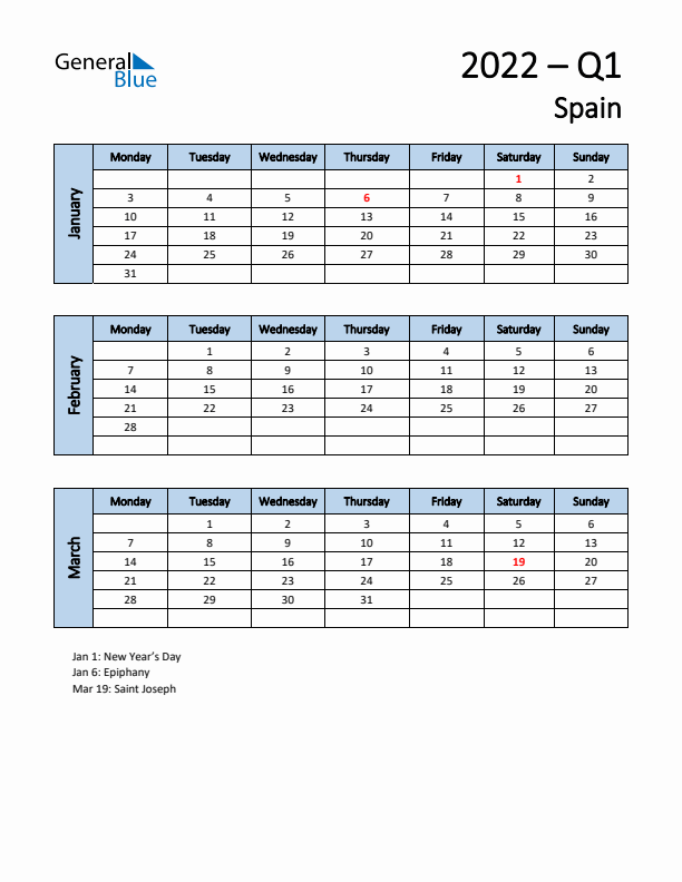 Free Q1 2022 Calendar for Spain - Monday Start